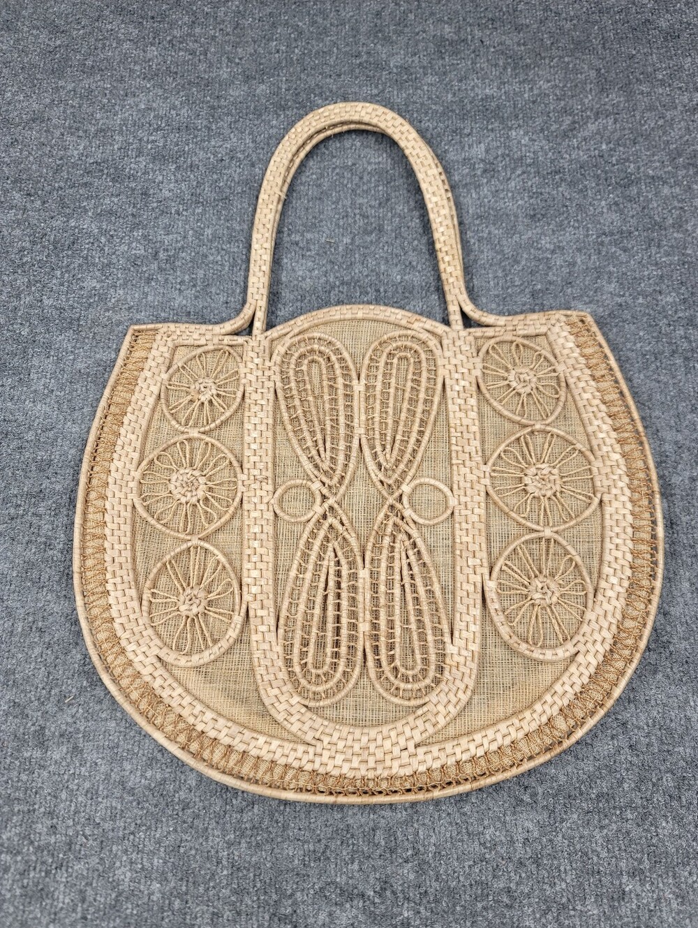 Vintage 1970's Woven Wicker Straw Tote Hand Bag Purse Bohemian